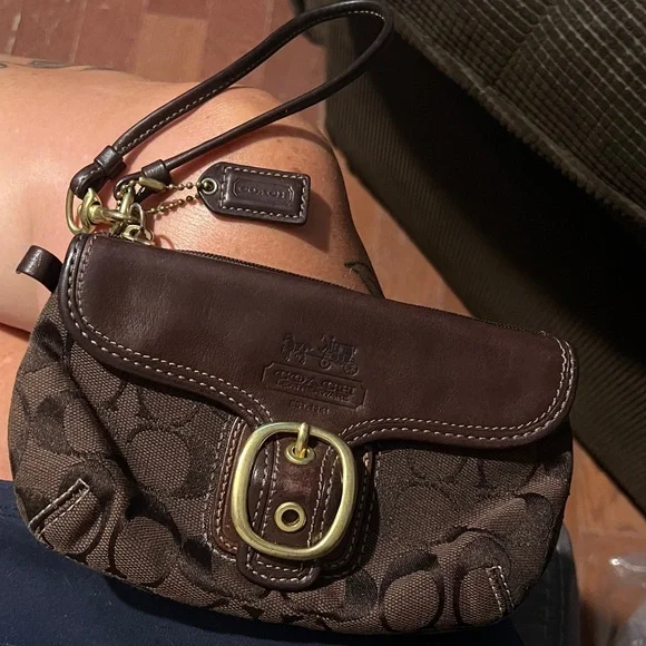 Coach Dark Brown Signature Wristlet - Picture 1 of 4